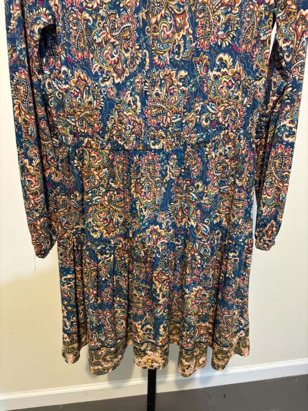 Leota Teal Blue Paisley Smocked Ruffle Neck Long Sleeve Tiered Dress - Picture 7 of 12